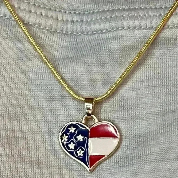 Handmade 18” Gold Red White & Blue Heart Necklace with Gold 1.2mm Snake Chain - Picture 2 of 9